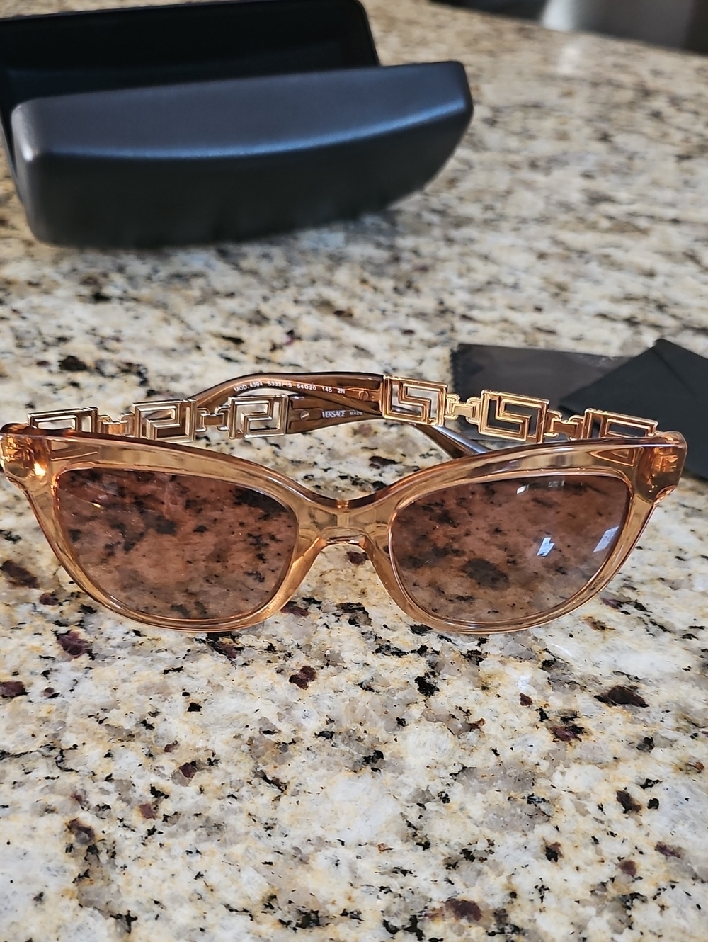 Versace Gold-Tone Greek Key Temple Brown Crystal Frame Sunglasses